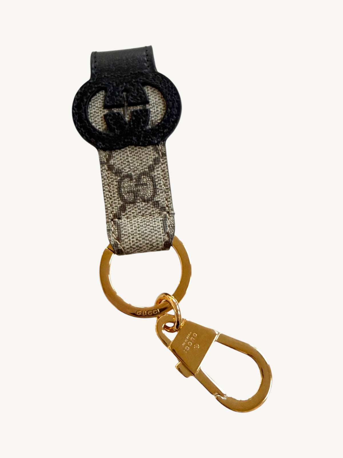 Gucci Interlocking G Key Ring Bag Charm — black leather loop and stitching close-up | Shimmer & Shawls