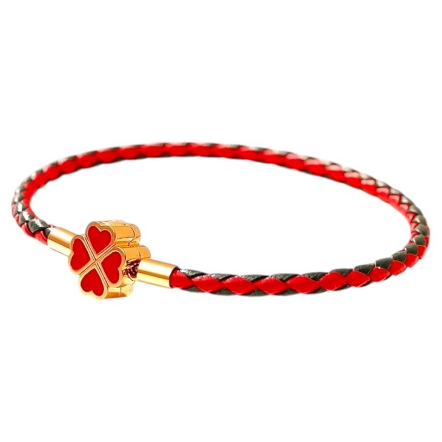 Genuine Woven Leather and Stainless Steel Four Leaf Clover Charm Bracelet