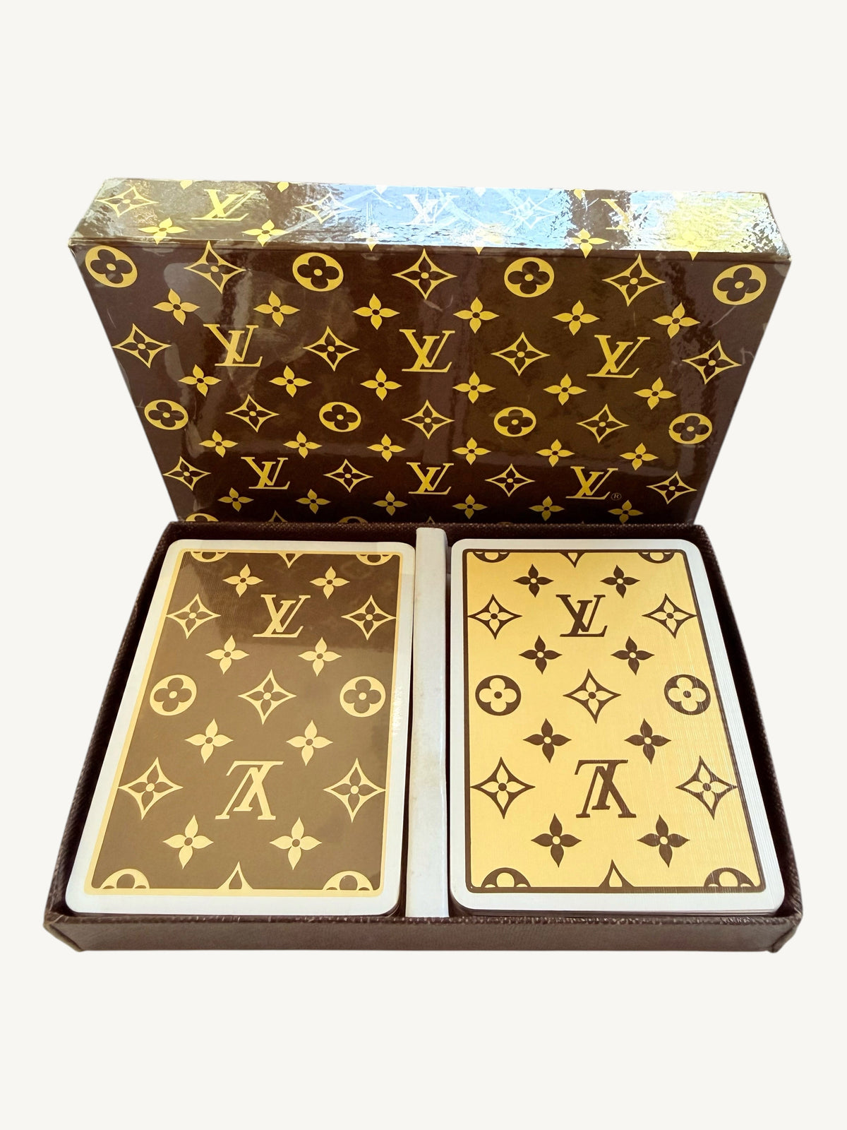 Vintage Louis Vuitton Playing Cards Set — additional interior view showing monogram case and card decks | Shimmer & Shawls