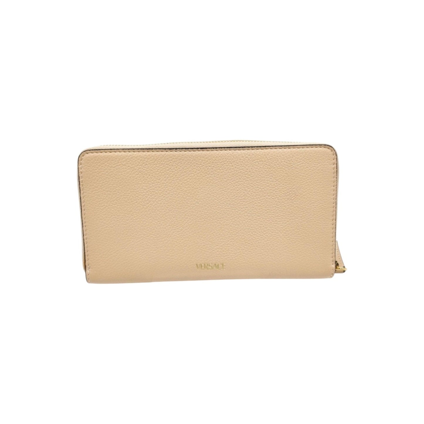 Versace Virtus Beige Leather Zip Around Wallet Gold Baroque V Logo Continental