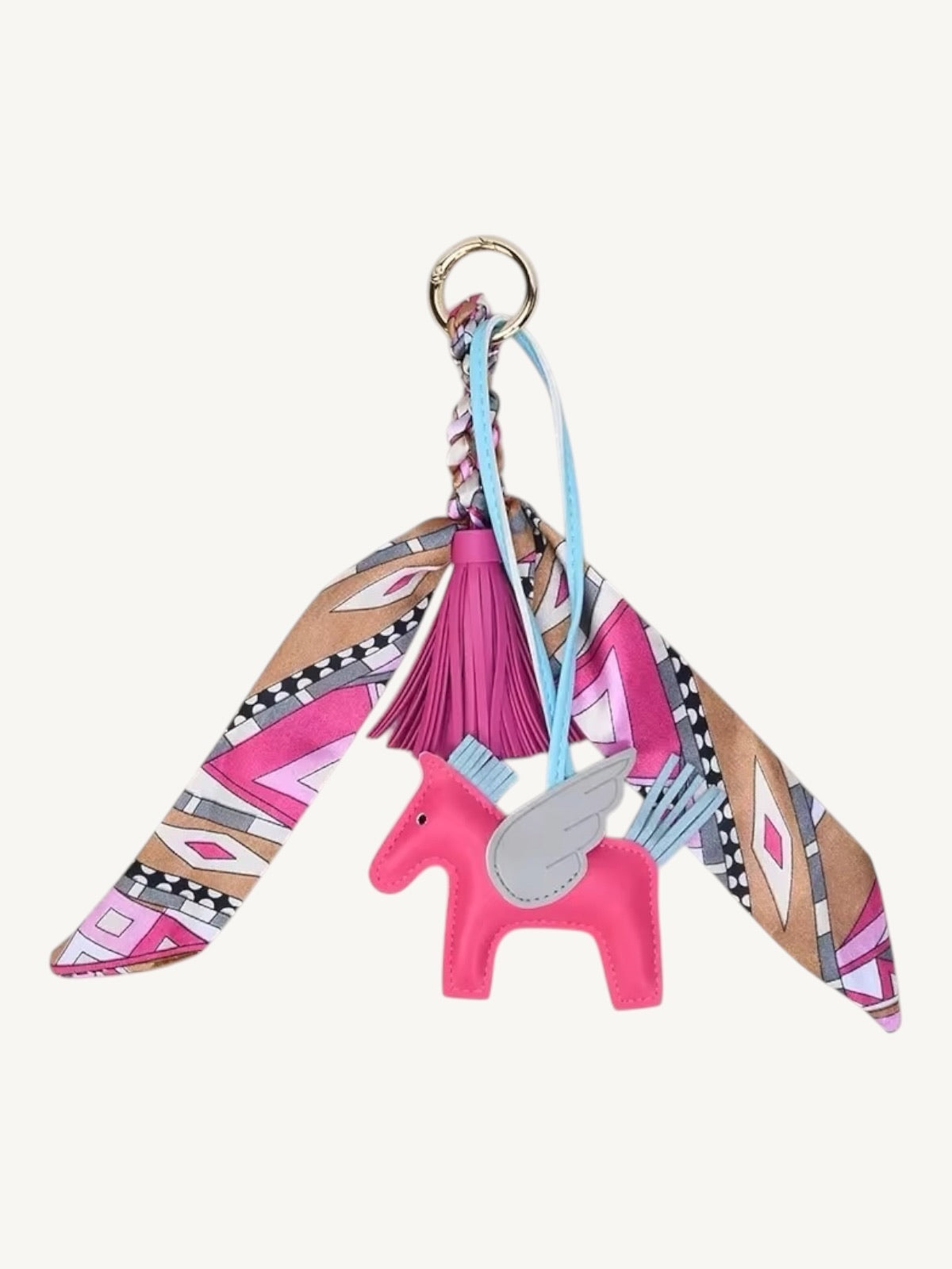 Fuchsia Pegasus horse bag charm with grey wing, fuchsia tassel and geometric pink multicolor satin ribbon scarf — Shimmer & Shawls

