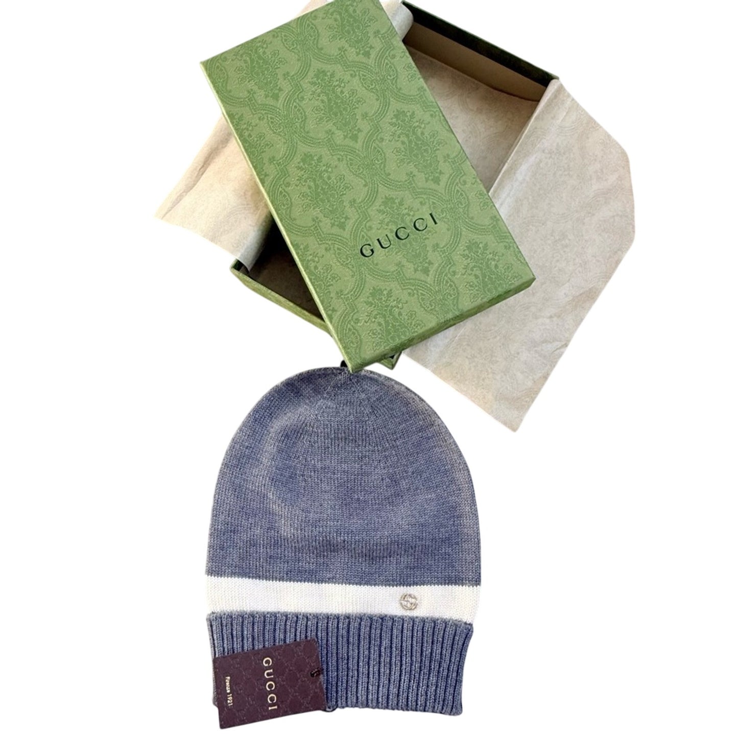 NWT & Box Gucci New Port Web Stripe Knit 100% Wool Beanie Hat Gray & White