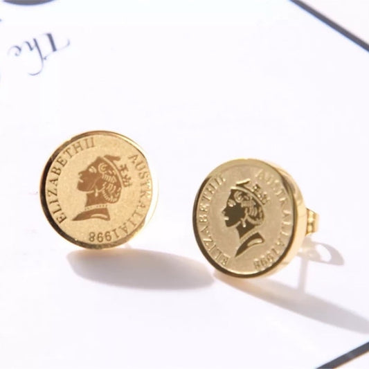 18K Gold Plated Stainless Steel Queen Coin Stud Earrings