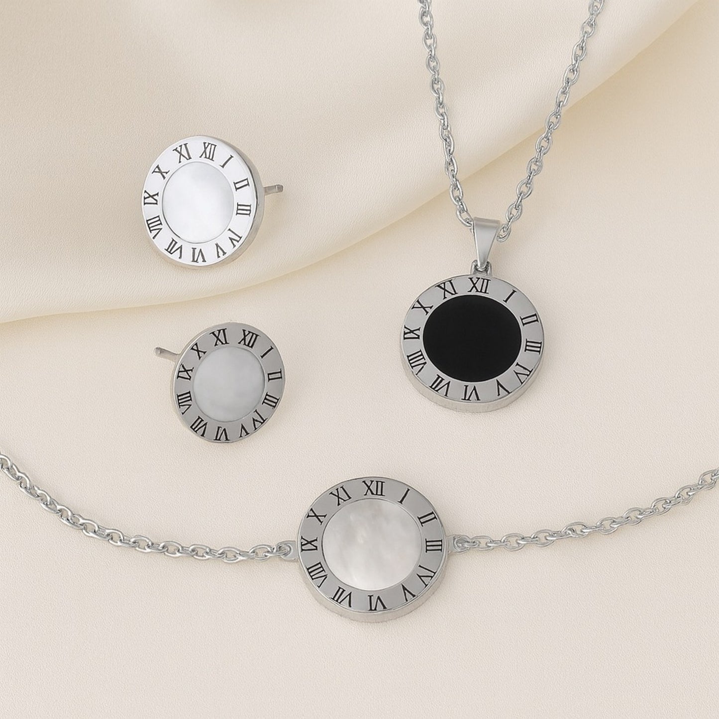 3 Pc Roman Numeral Reversible Stainless – Necklace, Bracelet & Earrings Set