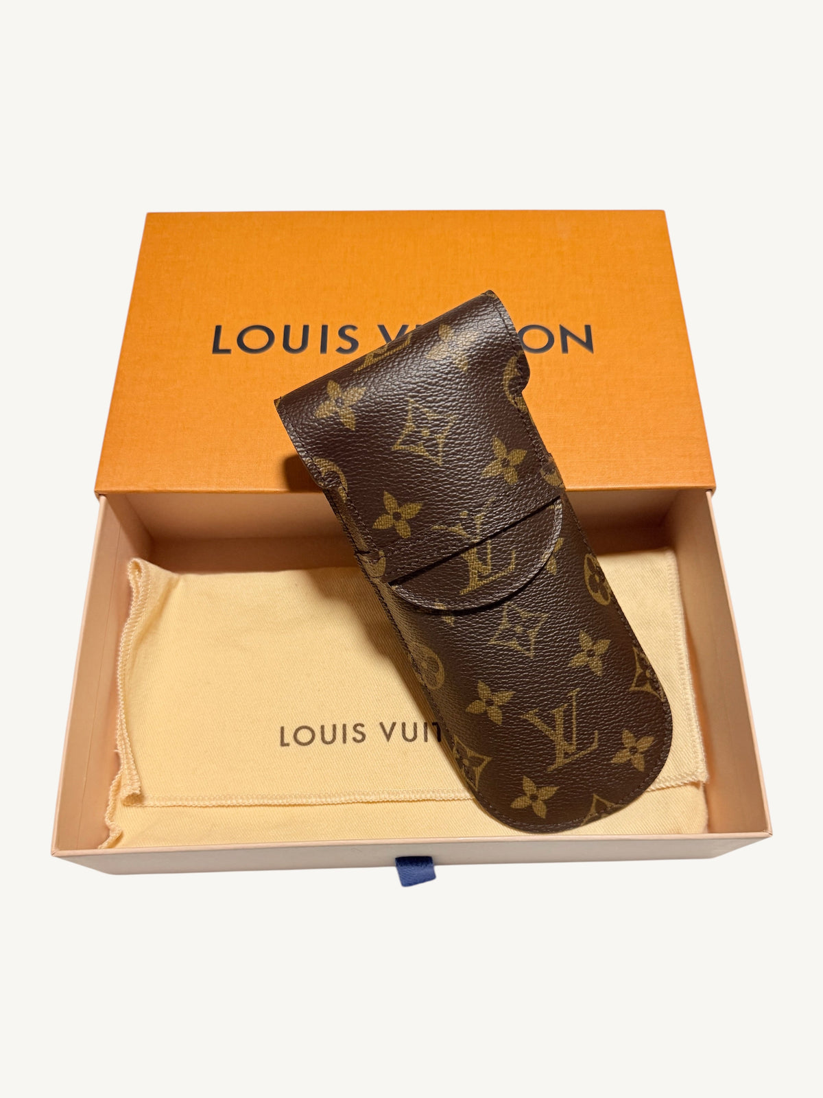 Louis Vuitton Monogram Étui Stylo Pen Case — second side view showing fold-over flap profile | Shimmer & Shawls