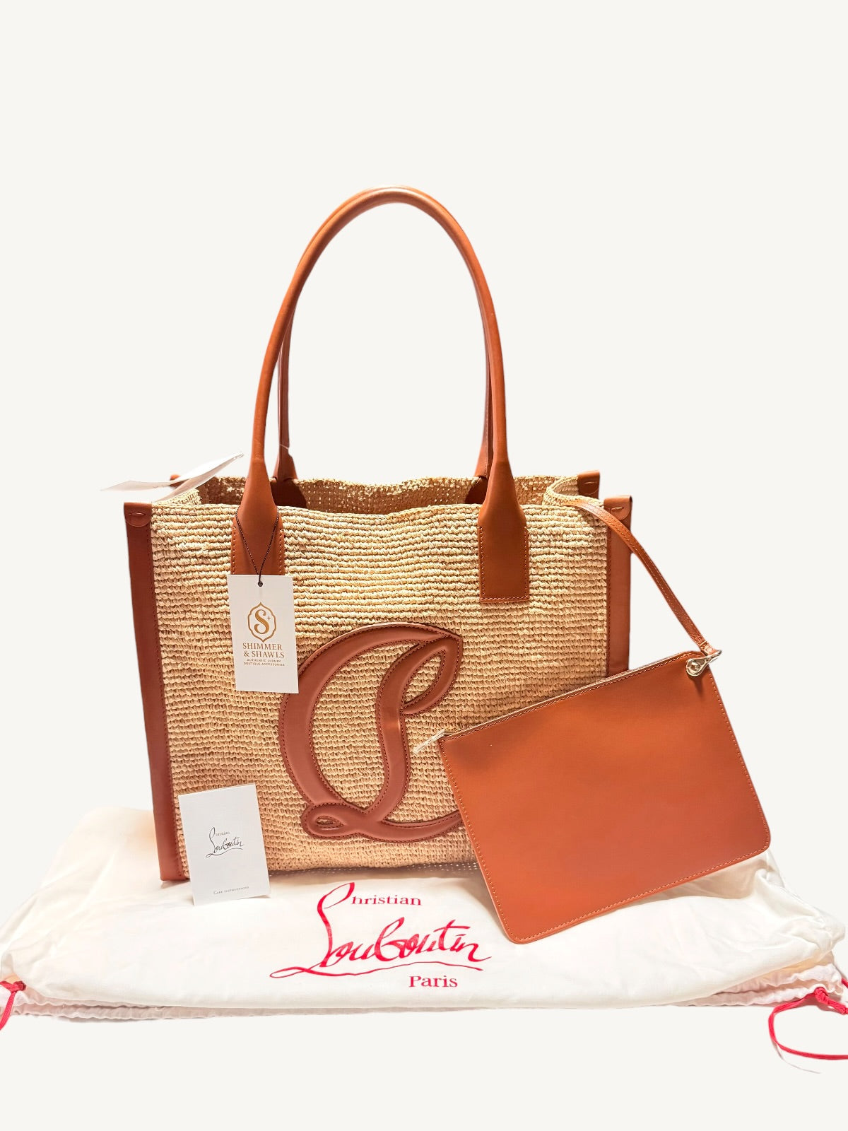 Christian Louboutin By My Side Large Raffia Tote in natural/cuoio with matching leather pouch – front view