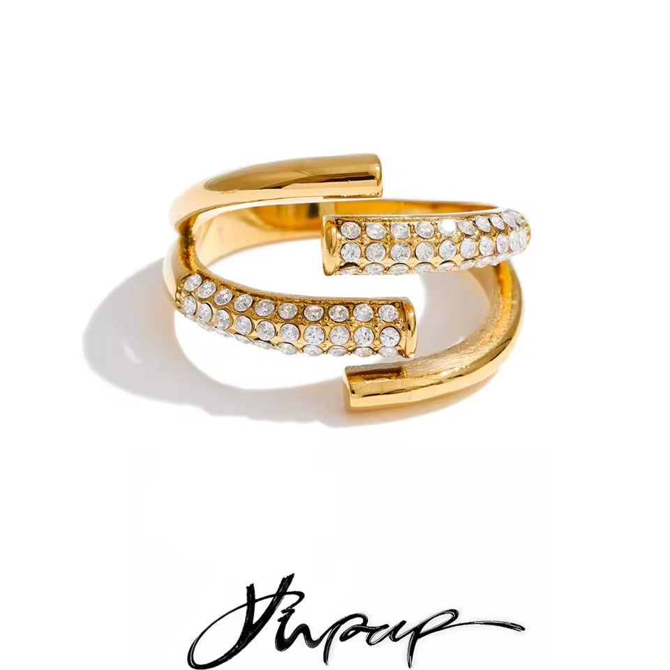 Double Wrap Pavé Ring — Gold & Silver | Adjustable Open Band