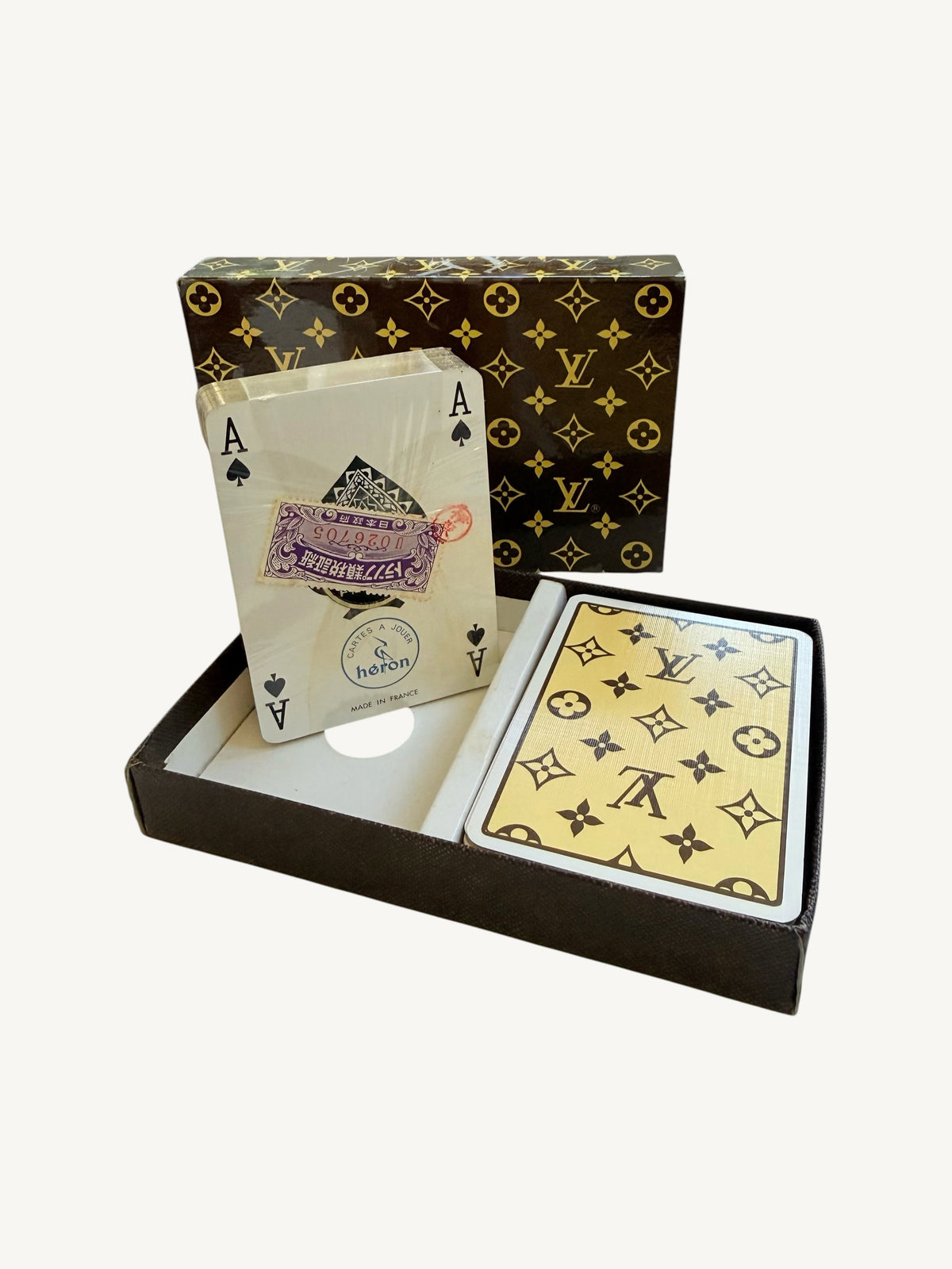 Vintage Louis Vuitton Playing Cards Set — exterior monogram presentation case closed, front view | Shimmer & Shawls