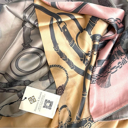 Pink Gray Equestrian Chain Silky Satin Scarf Shawl Wrap – Oversized Lightweight