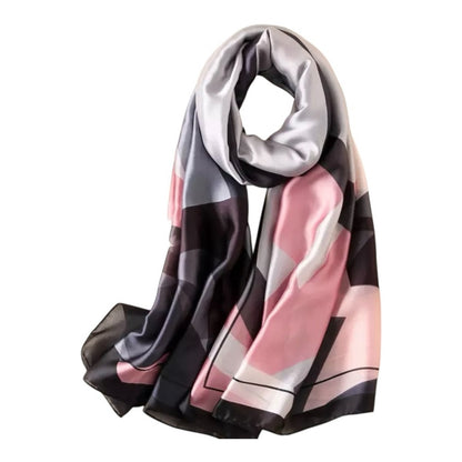 Pink Grey Silky Satin Geometric Scarf Shawl Wrap – Oversized Lightweight