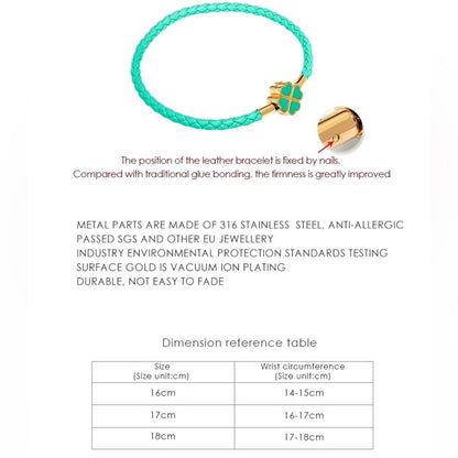 Genuine Woven Leather and Stainless Steel Four Leaf Clover Charm Bracelet