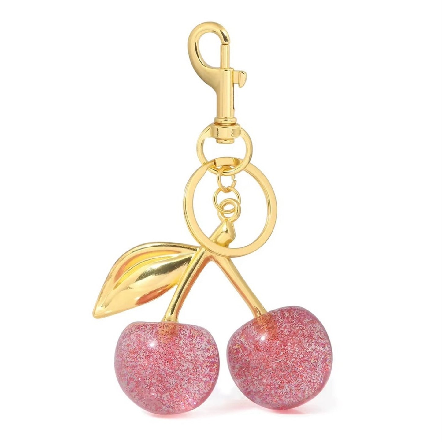 Pink Glitter Cherry Bag Charm Keychain | Sparkly Purse Charm with Gold Hardware