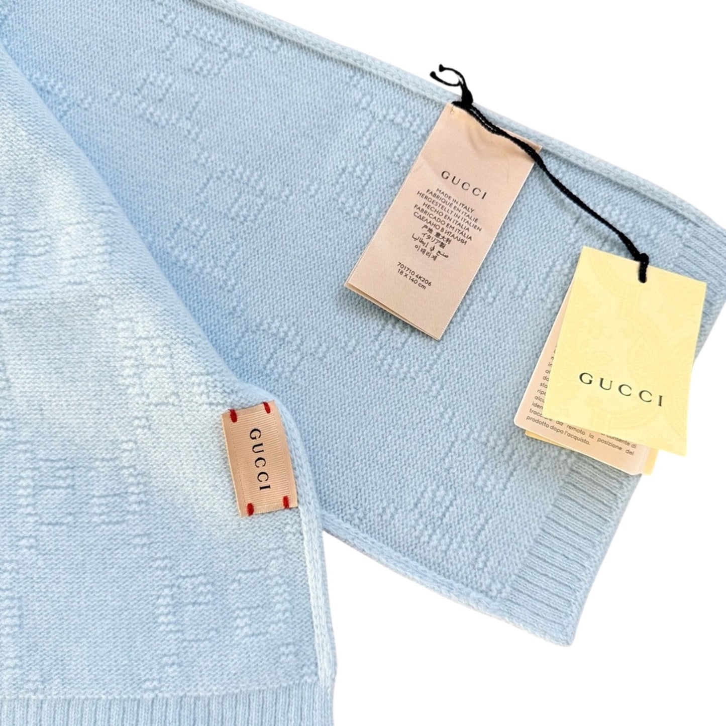 NWT with Box Gucci GG Wool Scarf in Baby Blue – 100% Wool, Made in Italy,