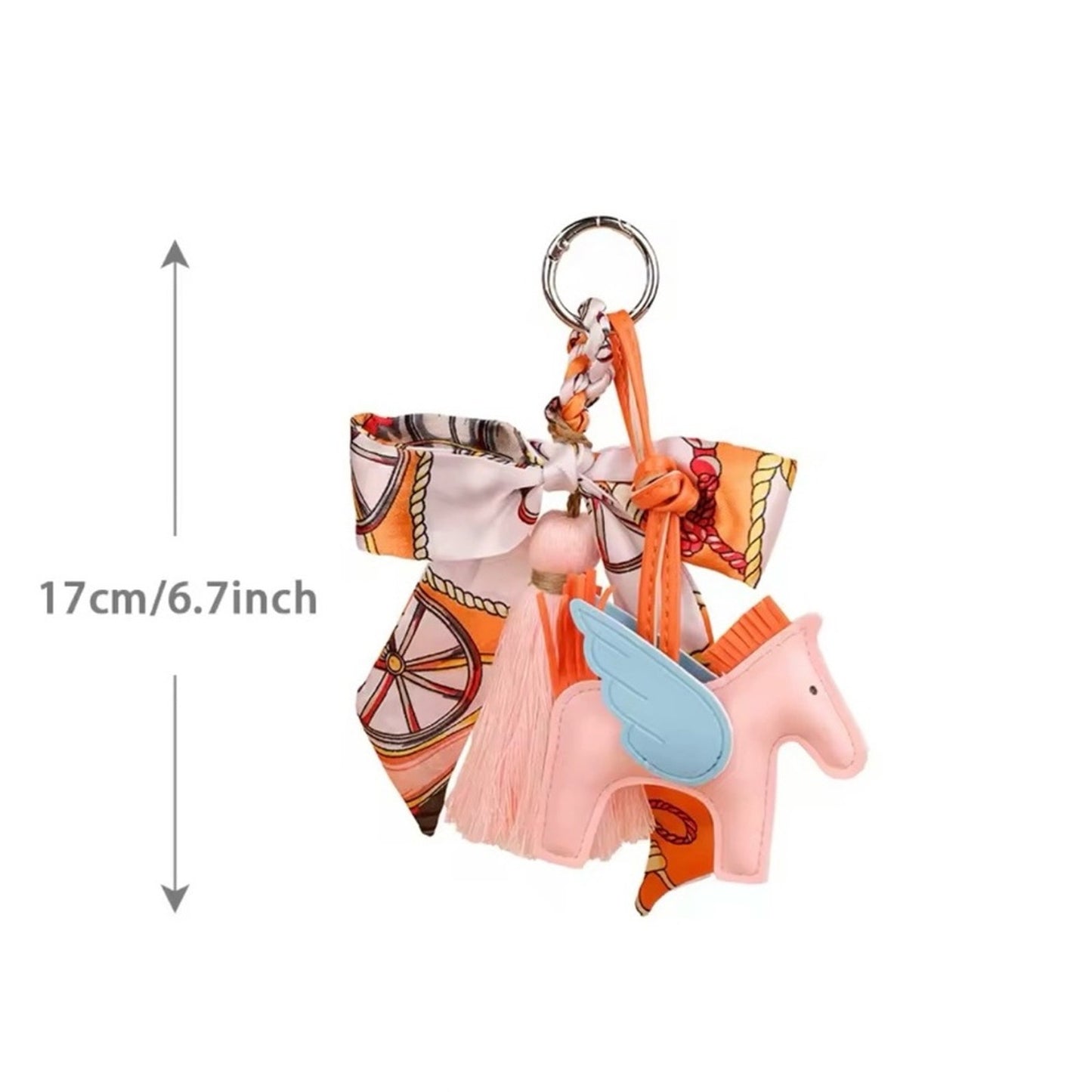 Pink & Orange Winged Horse Silky Scarf & Tassel Bag Charm Keychain– PU Leather