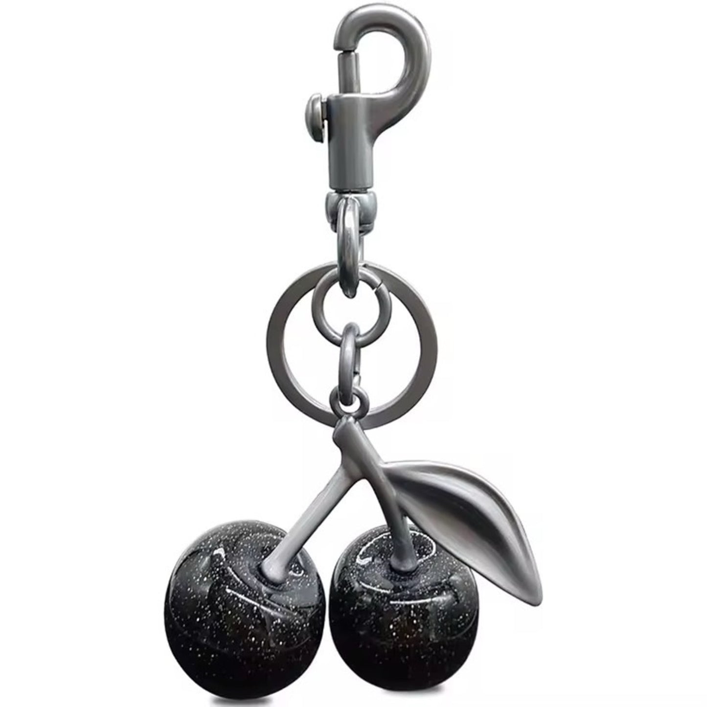 Black Glitter Cherry Bag Charm Keychain | Purse Charm with Silver Hardware