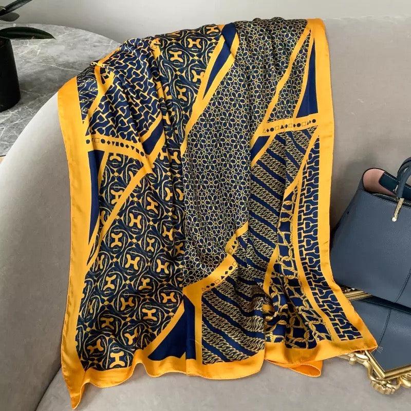 Mediterranean Mosaic Silk-Emulation Satin Large Scarf