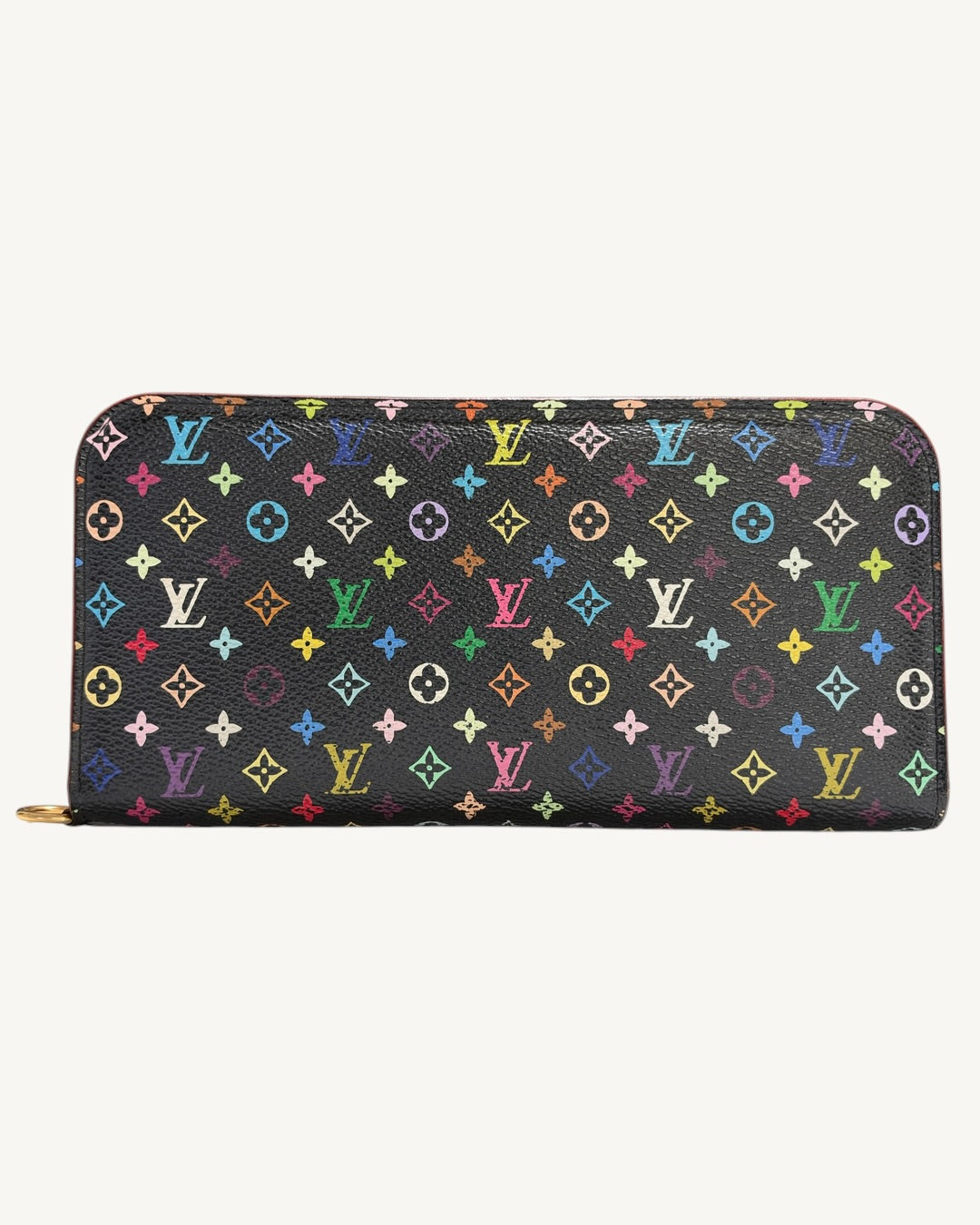 Louis Vuitton x Takashi Murakami Insolite wallet with multicolored monogram on black canvas, exterior view.