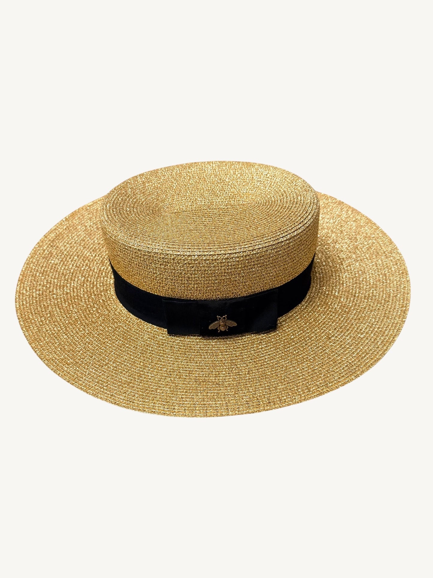 Gucci Bee Gold Metallic Lamé Boater Hat — Wide Brim Rare Silk Lining Variant| Alessandro Michele | Size 58