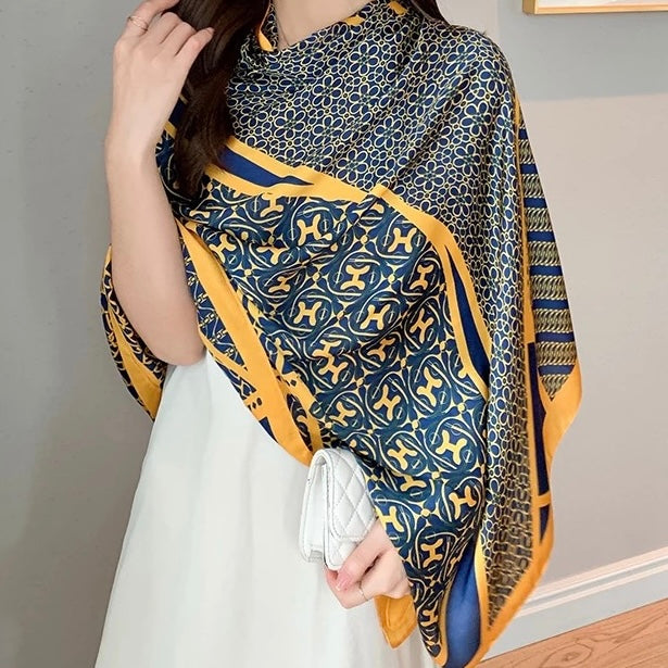 Mediterranean Mosaic Silk-Emulation Satin Large Scarf