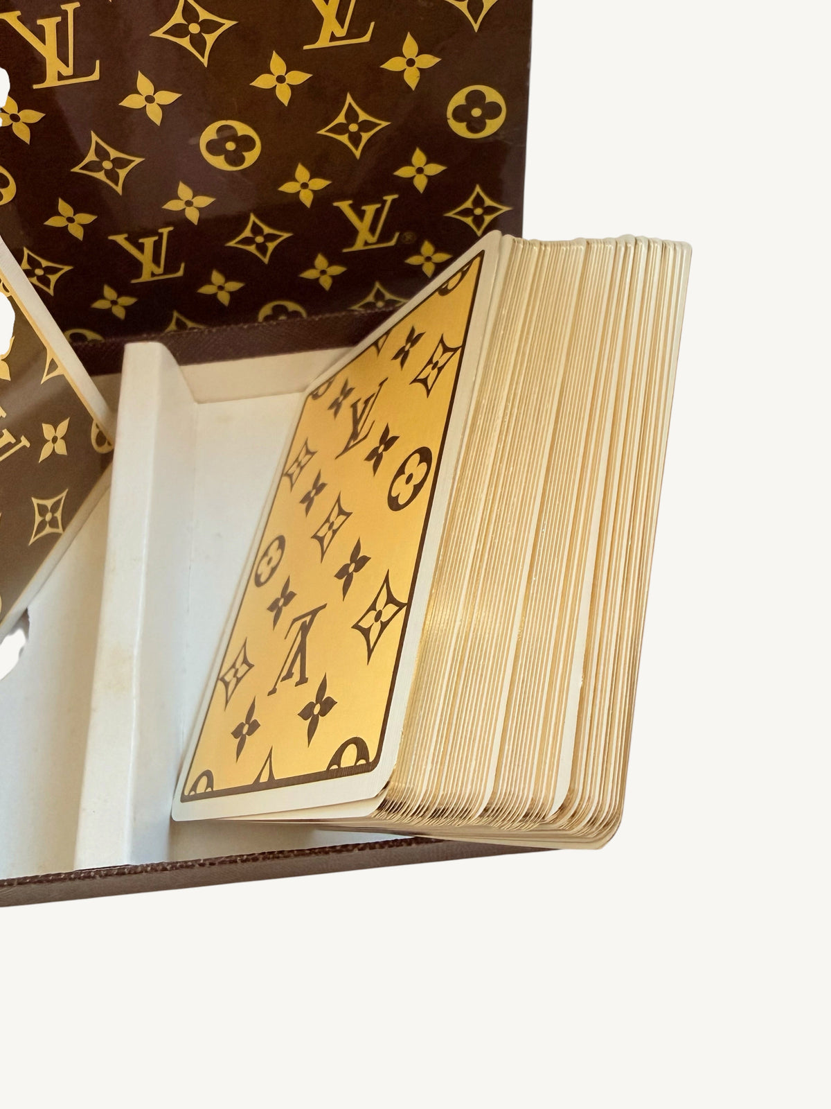 Vintage Louis Vuitton Playing Cards Set — interior view with one deck fanned open showing gold-gilded card edges | Shimmer & Shawls