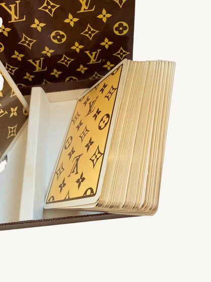 Vintage Louis Vuitton Playing Cards Set — interior view with one deck fanned open showing gold-gilded card edges | Shimmer & Shawls