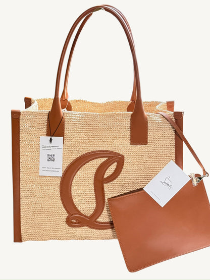 Christian Louboutin Large "By My Side" E/W Woven Raffia Tote Bag – Natural/Cuoio NWT