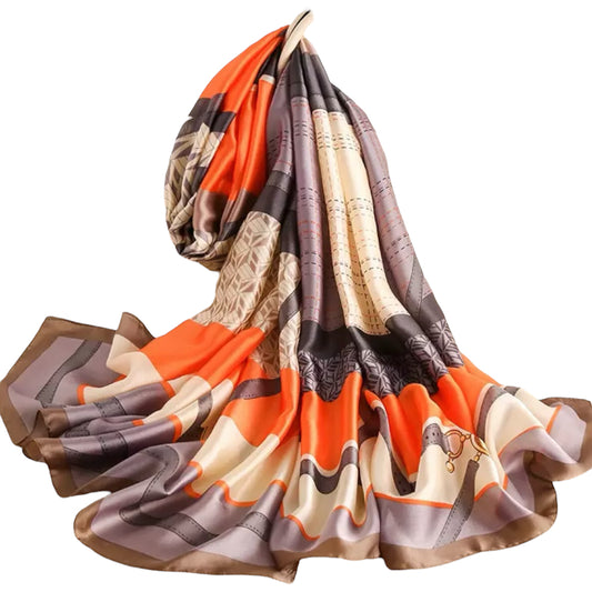 Mauve Metrocharm Oblong Satin Silk-Feel Scarf with beautiful mix of colors, lines, geometric shapes, and belt designs. Brown trim with a mix of orange, purple, cream, and brown. 