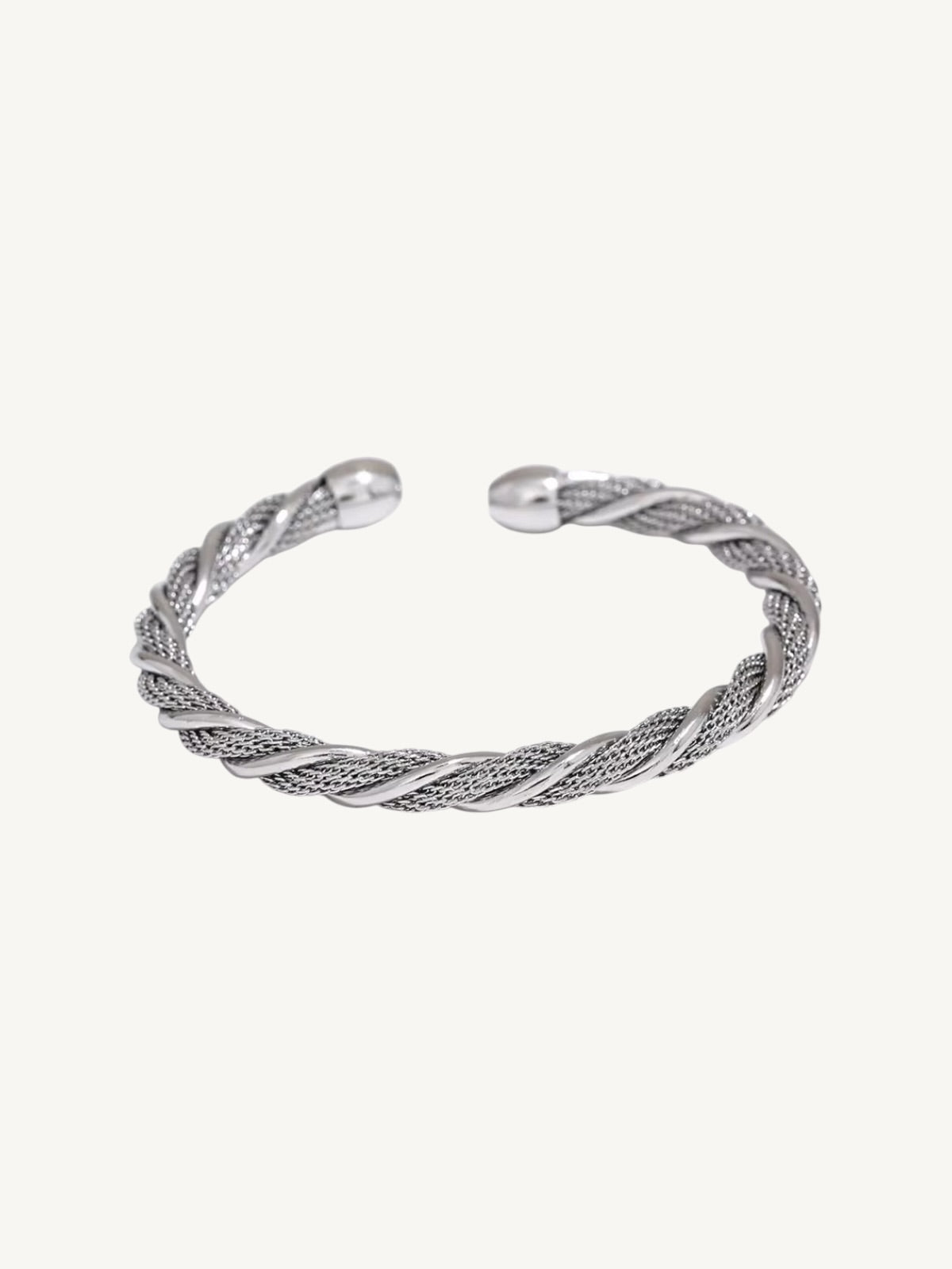 The Torsade silver twisted mesh open cuff bracelet — angled view | Shimmer & Shawls