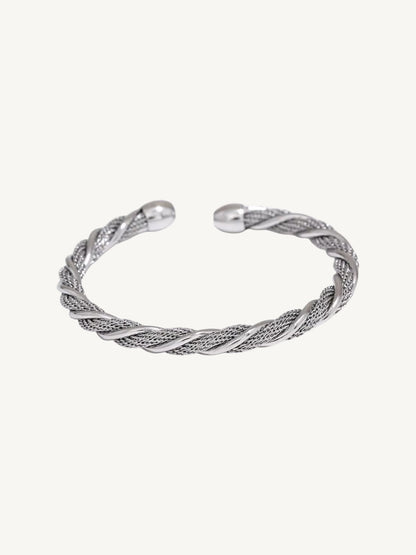 The Torsade silver twisted mesh open cuff bracelet — angled view | Shimmer & Shawls