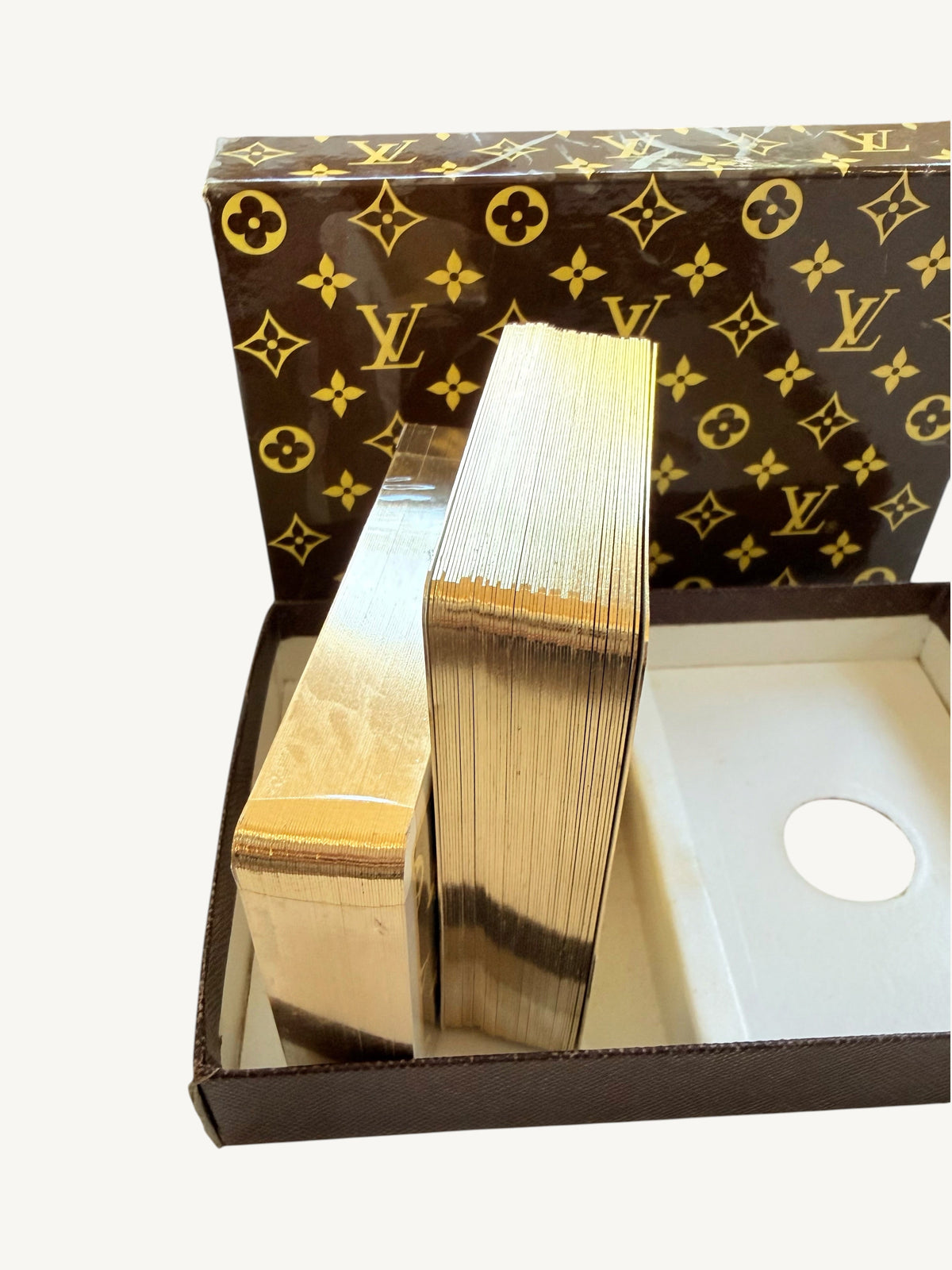 Vintage Louis Vuitton Playing Cards Set — both decks in monogram case, top-down view showing gold and brown colorways | Shimmer & Shawls