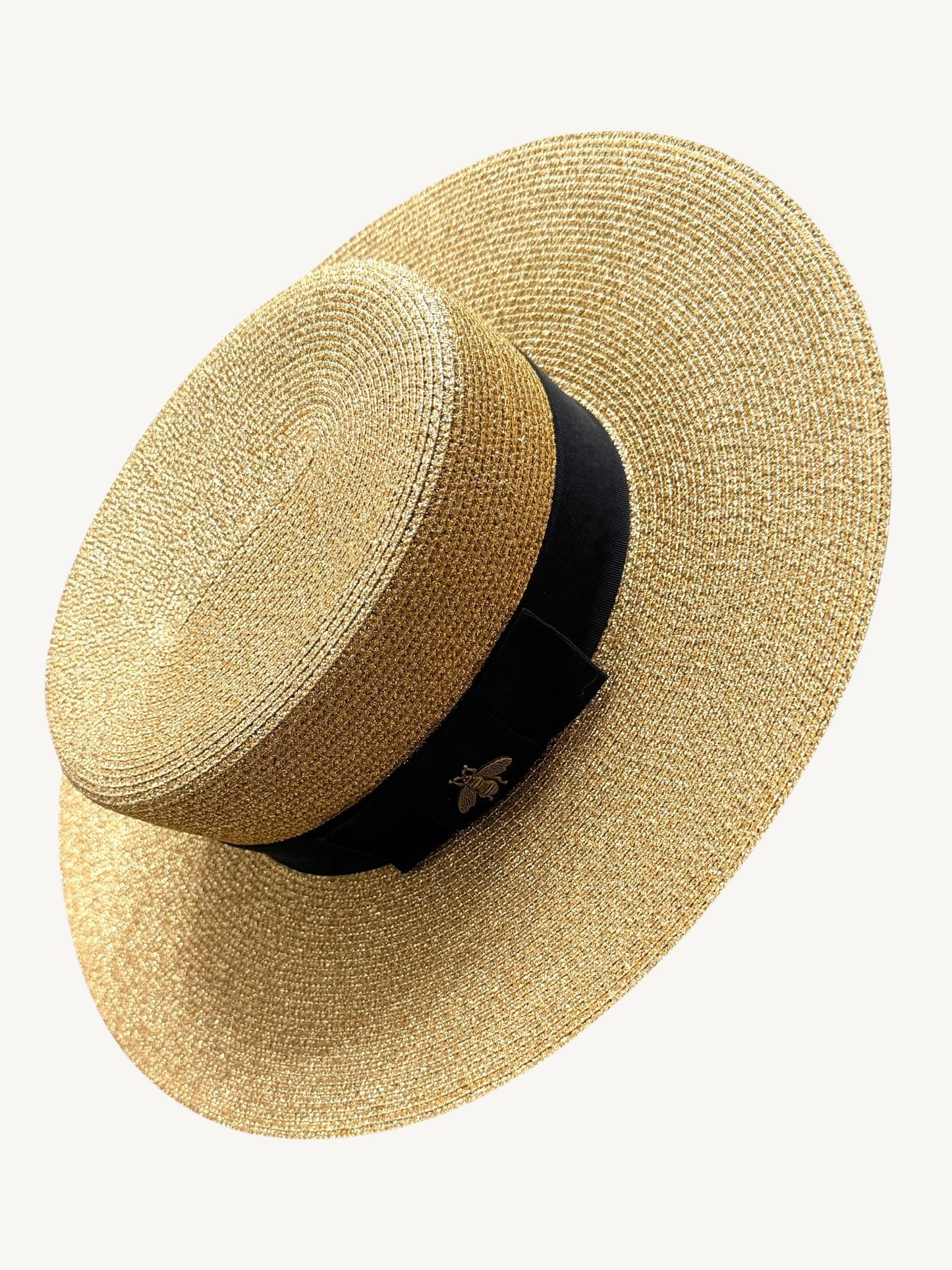 Gucci Bee Gold Metallic Lamé Boater Hat — Wide Brim Rare Silk Lining Variant| Alessandro Michele | Size 58