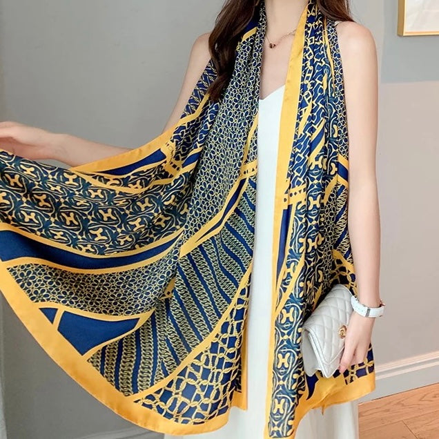 Mediterranean Mosaic Silk-Emulation Satin Large Scarf