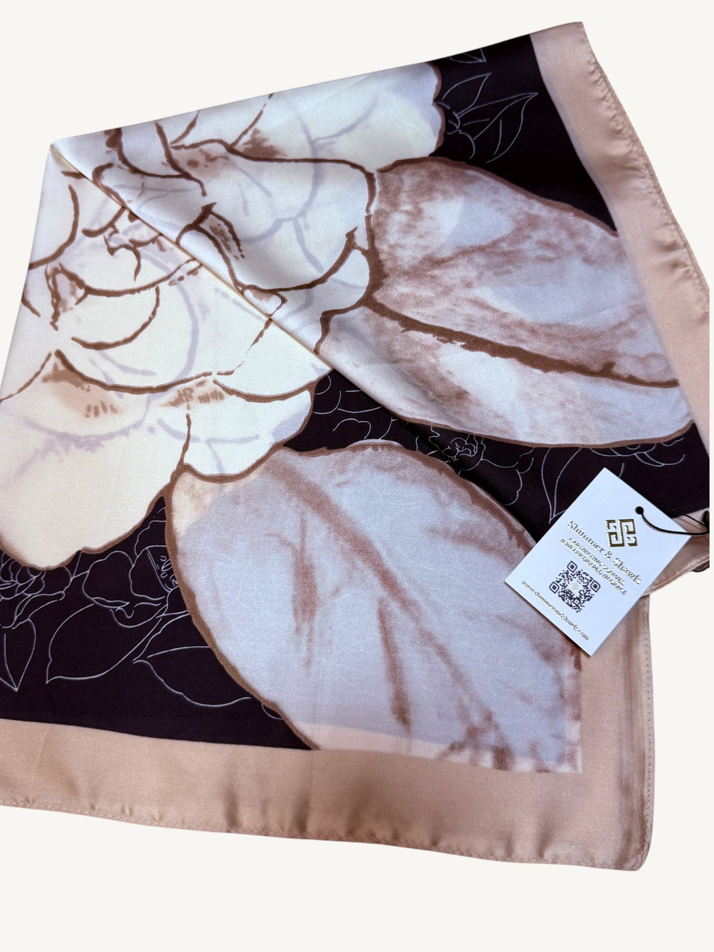 The Vendôme – camellia floral square scarf flat lay with Shimmer & Shawls hang tag