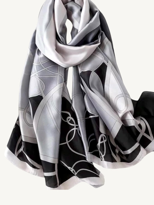 The Ronda – Black & Grey Abstract Silky Satin Scarf Shawl Wrap