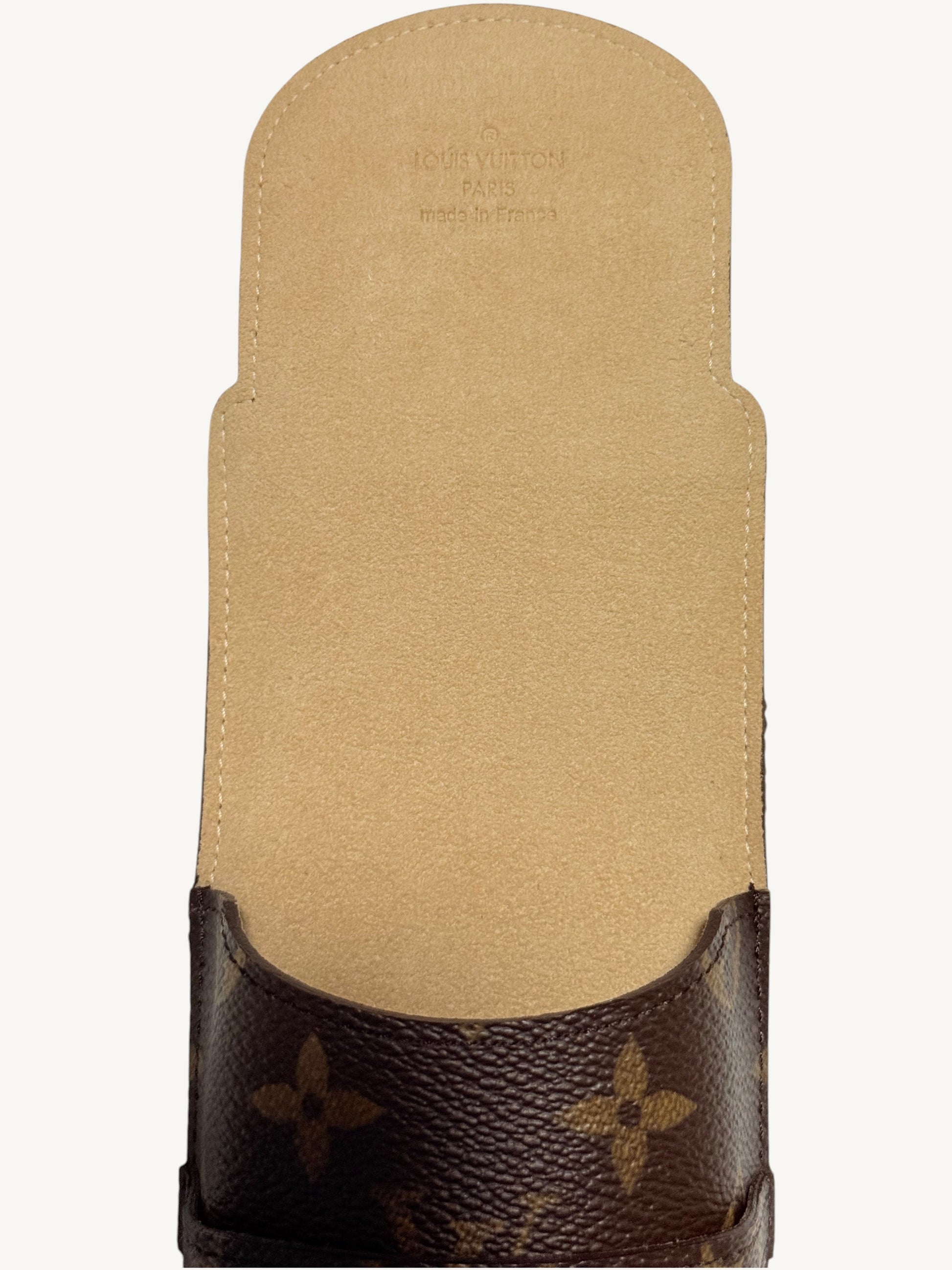 Louis Vuitton Monogram Étui Stylo Pen Case — additional angle showing canvas texture and edge glazing | Shimmer & Shawls