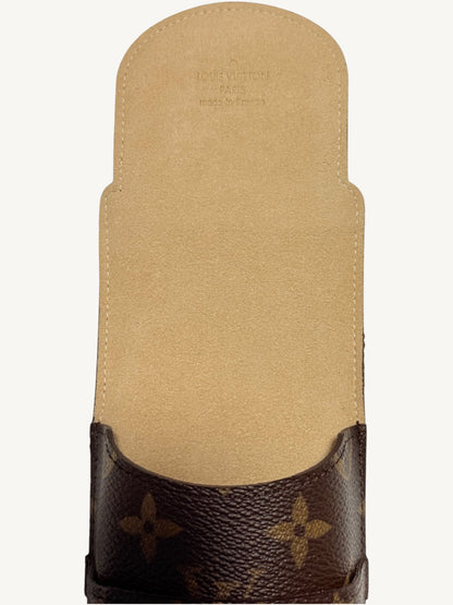 Louis Vuitton Monogram Étui Stylo Pen Case — additional angle showing canvas texture and edge glazing | Shimmer & Shawls