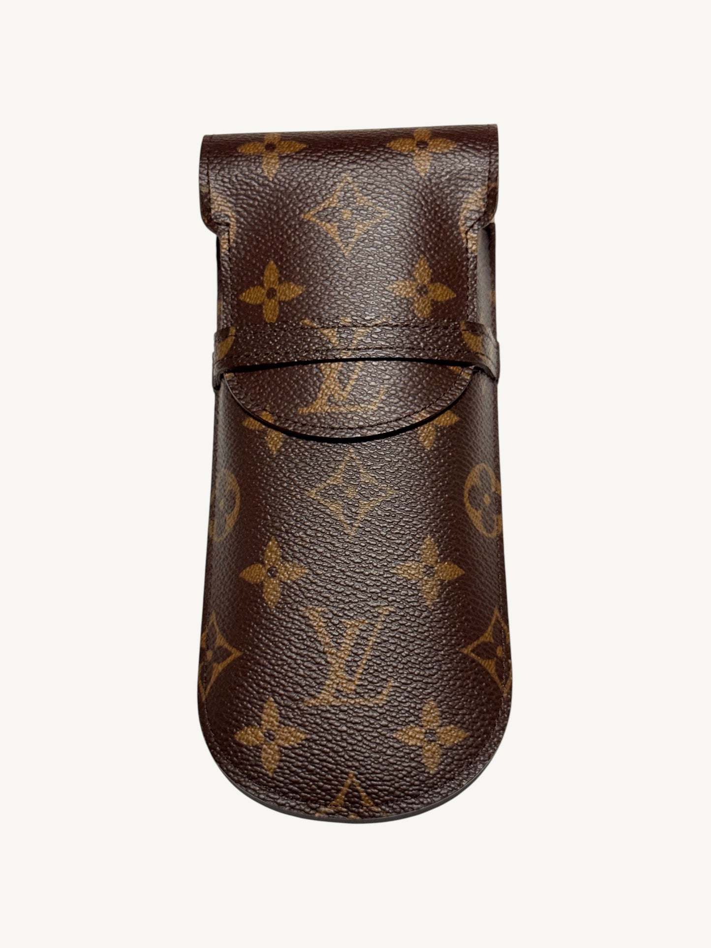 Louis Vuitton Monogram Étui Stylo Pen Case M62990 — front view showing monogram canvas and fold-over flap with leather loop closure | Shimmer & Shawls