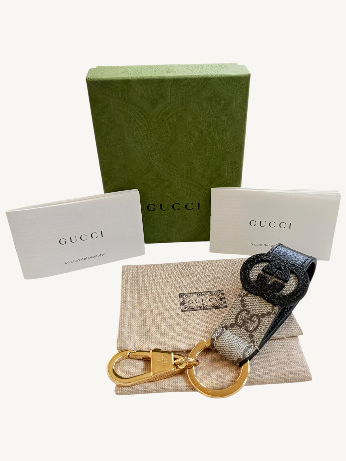 Gucci Interlocking G Key Ring Bag Charm — close-up of GG Supreme canvas and gold hardware detail | Shimmer & Shawls