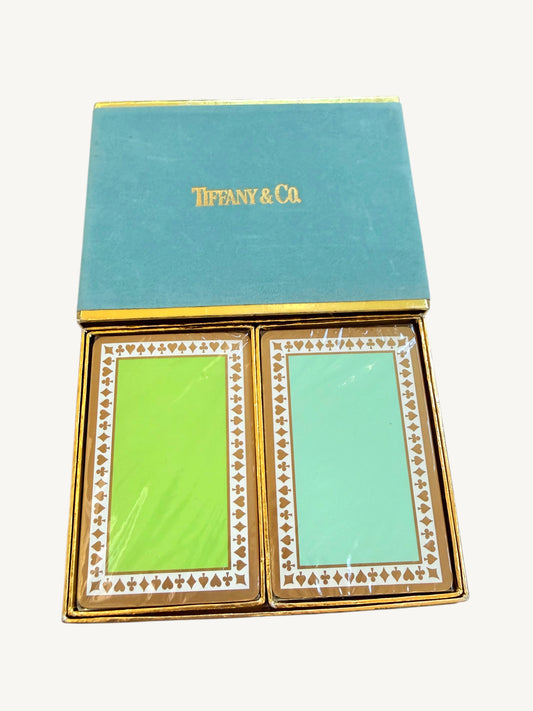 Vintage Tiffany & Co. Playing Cards — Tiffany Blue velvet presentation case closed, angled view showing gold foil logo and gold trim | Shimmer & Shawls