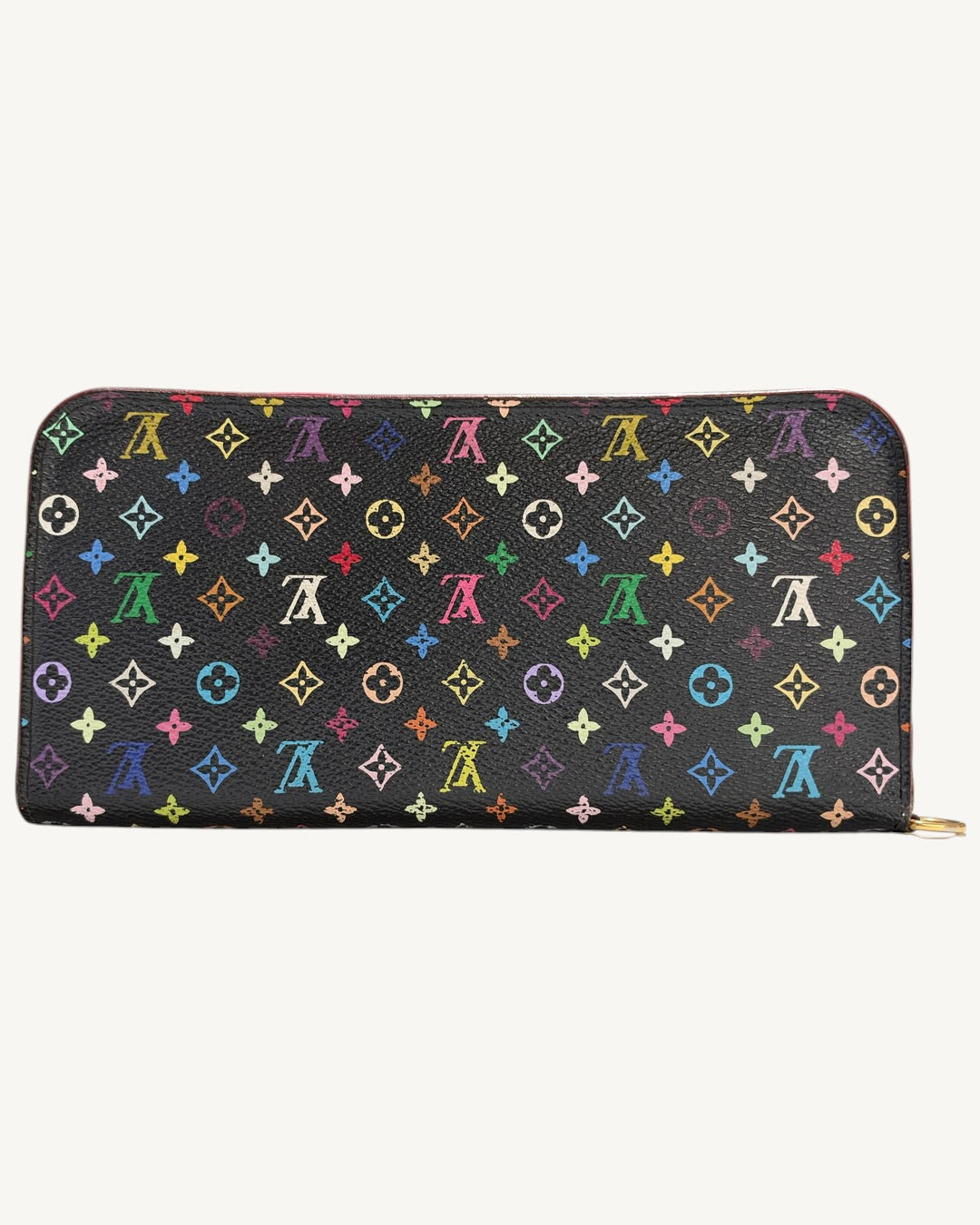 Reverse exterior view of the Louis Vuitton x Murakami Insolite wallet in black Monogram Multicolore canvas.