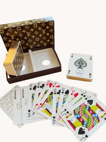 Vintage Louis Vuitton Playing Cards Set — both decks open showing espresso brown and gold monogram backs | Shimmer & Shawls