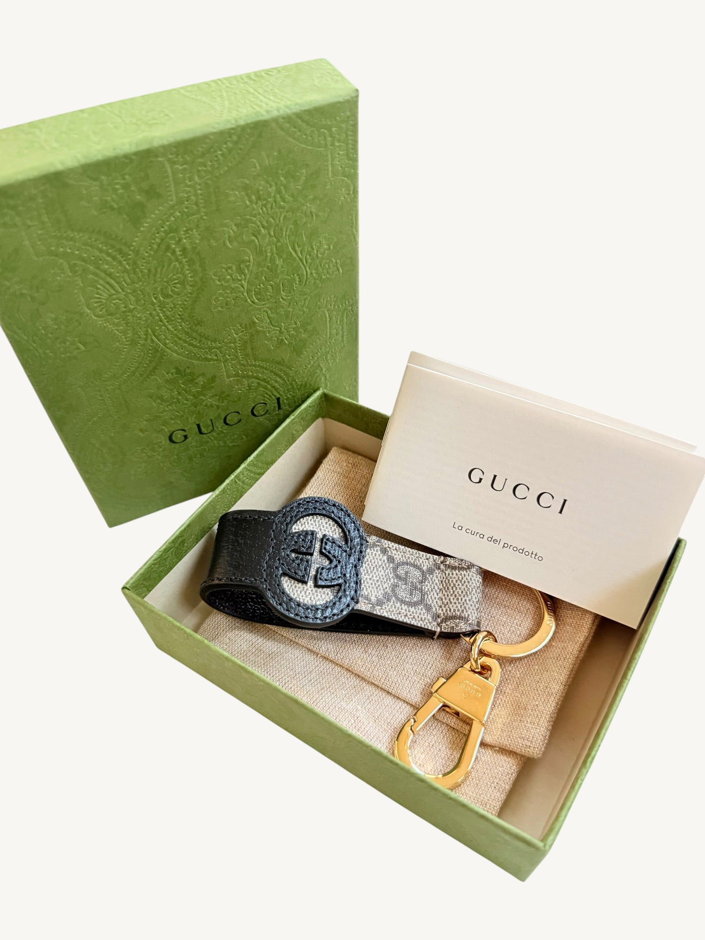 Gucci Interlocking G Key Ring Bag Charm — additional view showing full charm length | Shimmer & Shawls