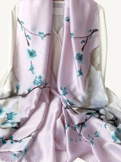 The Colmar – blush pink blossom satin scarf shawl wrap floating on white background showing fabric drape and teal floral print