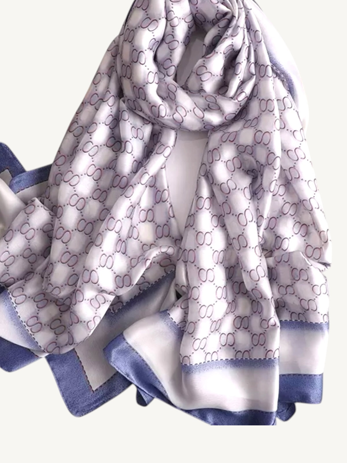 The Hydra – White & Slate Blue Monogram Silky Satin Scarf Shawl Wrap
