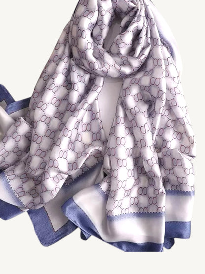 The Hydra – White & Slate Blue Monogram Silky Satin Scarf Shawl Wrap