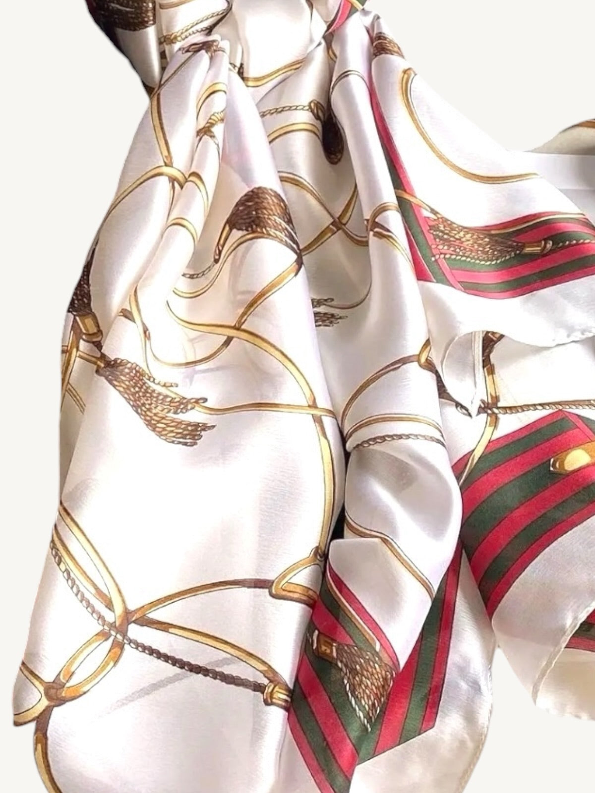 The Matera – ivory gold equestrian silky satin scarf shawl wrap styled open showing full print and red green border by Shimmer & Shawls