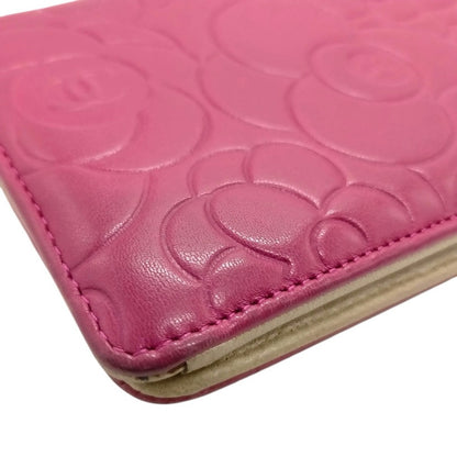 CHANEL Pink Camellia Embossed Long Bifold Leather Wallet