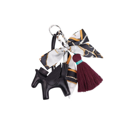 Black & Burgundy Winged Horse Silky Scarf & Tassel Bag Charm Keychain PU Leather