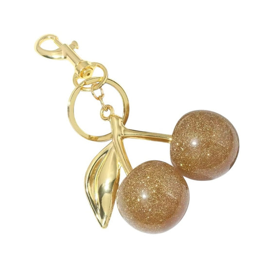 Gold Glitter Cherry Bag Charm Keychain | Sparkly Purse Charm with Gold Hardware