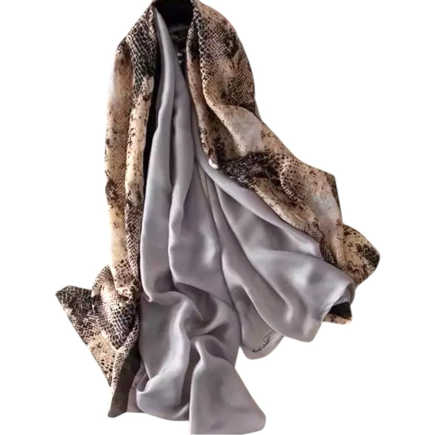 Snake Print & Grey Silky Satin Scarf Shawl Wrap – Oversized Lightweight